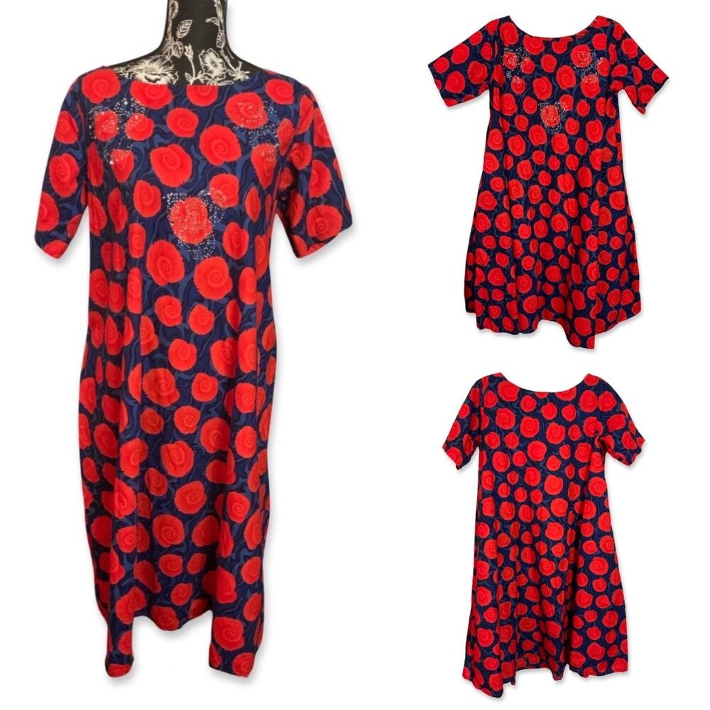 Floral Studded Handmade Dress Maxi Short Sleeve Women Unknown Red